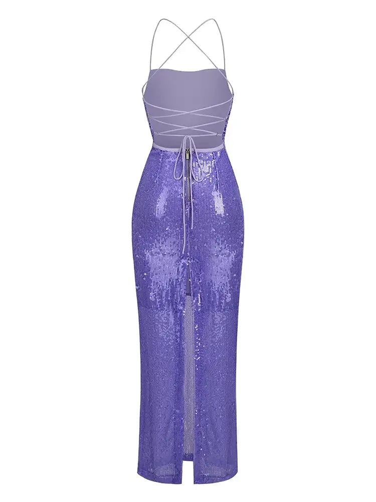 New Sexy Sleeveless Backless Lace-up Slim Long Dress Summer Elegant Pleated Backless Bright Sequins Dress Luxury Evening Dresses