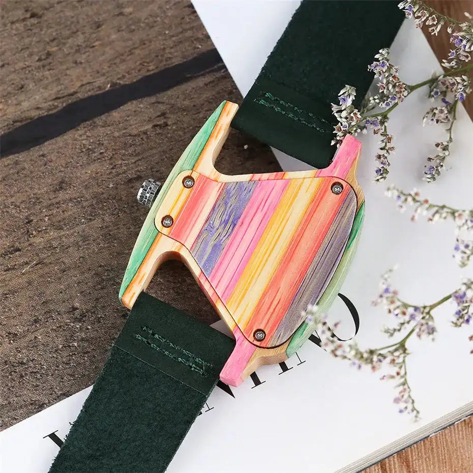 Unique Triangle Women's Wood Watch Creative Colorful Lady Green/ Red Genuine Leather Wristwatch Elegant Womens Watches Top Gifts