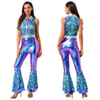 Womens Halloween Retro Hippie Cosplay Costume Party Hip-hop Dance Costume Metallic Shiny Vintage Carnival Bodysuit Jumpsuit Lootquake LLC
