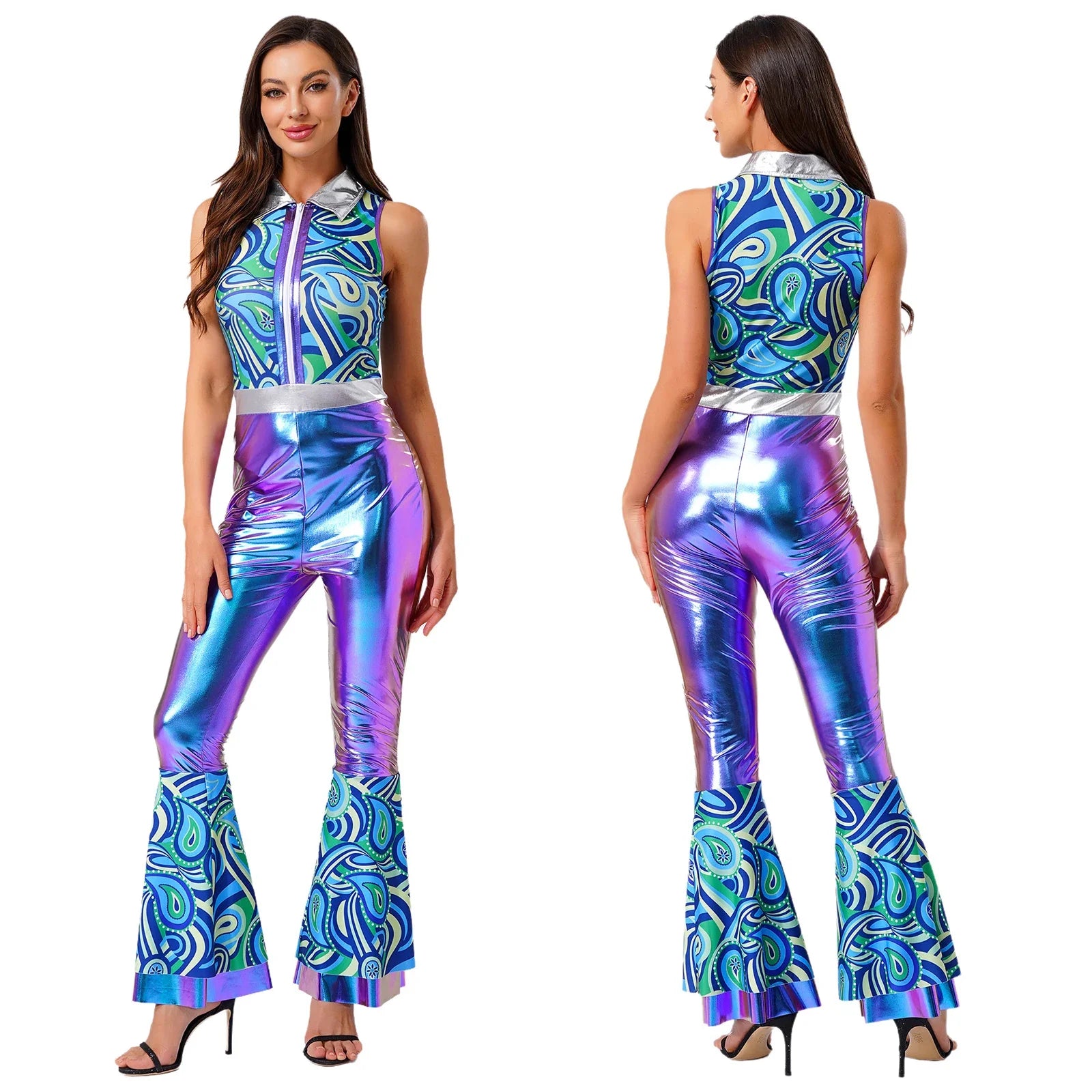Womens Halloween Retro Hippie Cosplay Costume Party Hip-hop Dance Costume Metallic Shiny Vintage Carnival Bodysuit Jumpsuit Lootquake LLC