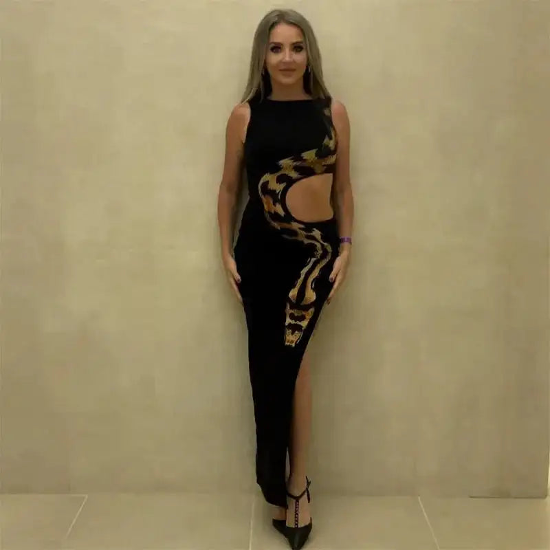 Tossy Python Printed Hollow Out Maxi Dress Female Slim Sexy Side Split Sleeveless Contrast Summer Party Dress Women's Long Dress