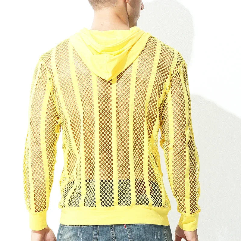 Men Mesh Shirt Transparent Long Sleeve Men Clothing Sexy Solid Party Nightclub Hooded Tops Lootquake LLC
