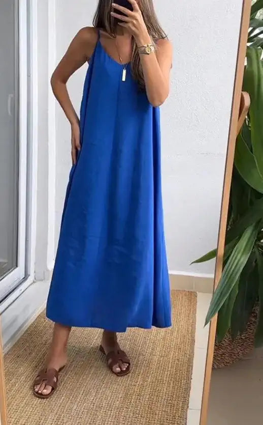 Summer Loose Spaghetti Strap Dresses Women Solid Color V-neck Casual Commuting Sleeveless Long Dress Female Fashion New Vestidos