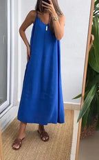 Summer Loose Spaghetti Strap Dresses Women Solid Color V-neck Casual Commuting Sleeveless Long Dress Female Fashion New Vestidos