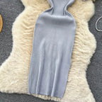 Green 2024 Sexy Summer Knit Short Sleeve Dress Women Squar Collar Waist Bodycon Sundress Female Beach  Backless Long Dress