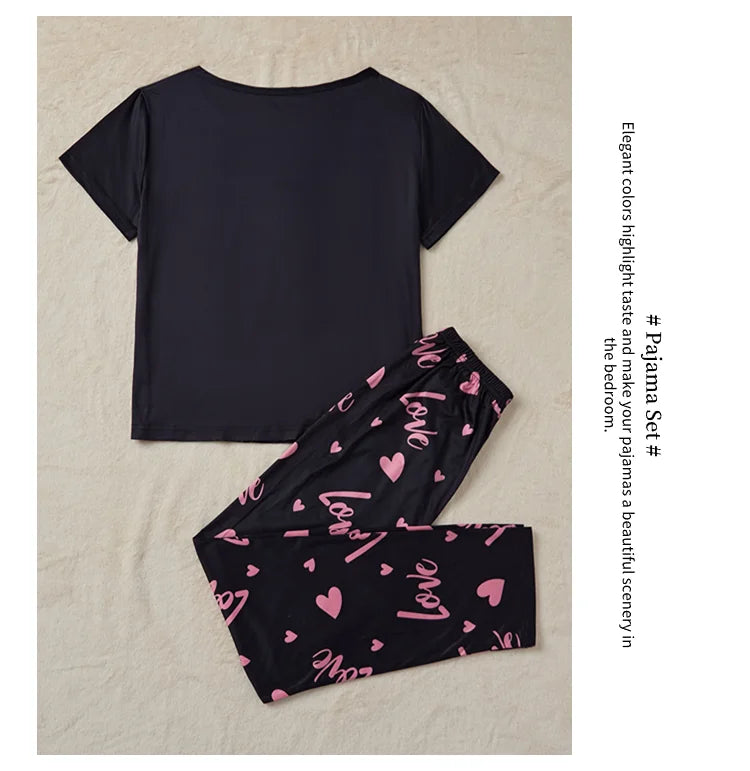 Women's Sleepwear Cozy Heart Print Relaxed Fit Pajama Set Short Sleeve Tee Top & Pants Nightwear 2 Piece Pyjama for All Seasons Lootquake LLC