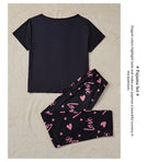 Women's Sleepwear Cozy Heart Print Relaxed Fit Pajama Set Short Sleeve Tee Top & Pants Nightwear 2 Piece Pyjama for All Seasons Lootquake LLC