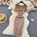 Green 2024 Sexy Summer Knit Short Sleeve Dress Women Squar Collar Waist Bodycon Sundress Female Beach  Backless Long Dress
