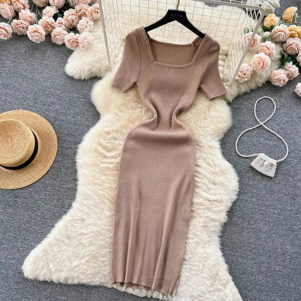 Green 2024 Sexy Summer Knit Short Sleeve Dress Women Squar Collar Waist Bodycon Sundress Female Beach  Backless Long Dress