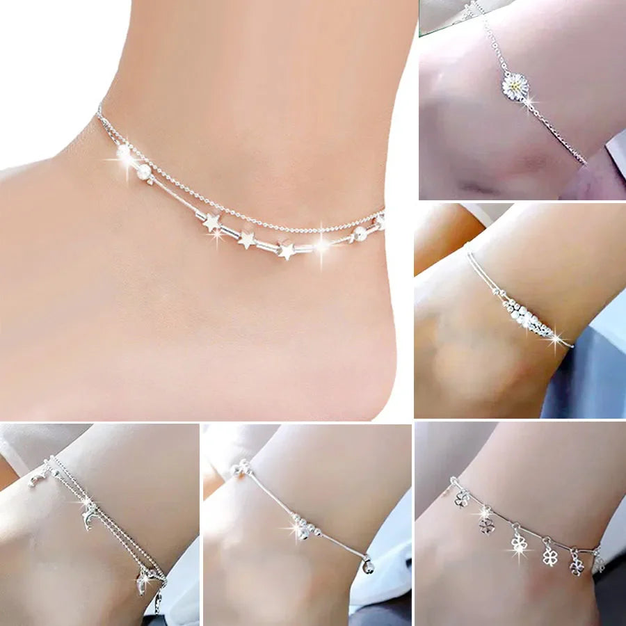 Silver color Stars Anklet Double Layer plated Charms Ankle Bracelet Jewellery Anklets For Women Foot Jewelry Love 2023 new hot Lootquake LLC