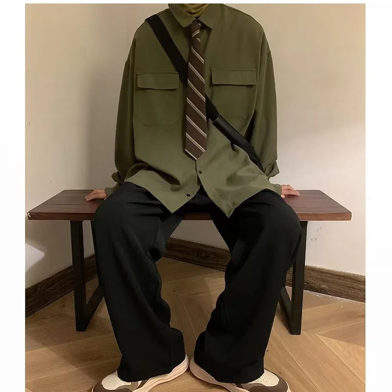 Autumn Green Black Shirt Men Fashion Social Mens Dress Shirt Korean Loose Long Sleeve Shirts Mens Pocket Tooling Shirt M-3XL Lootquake LLC