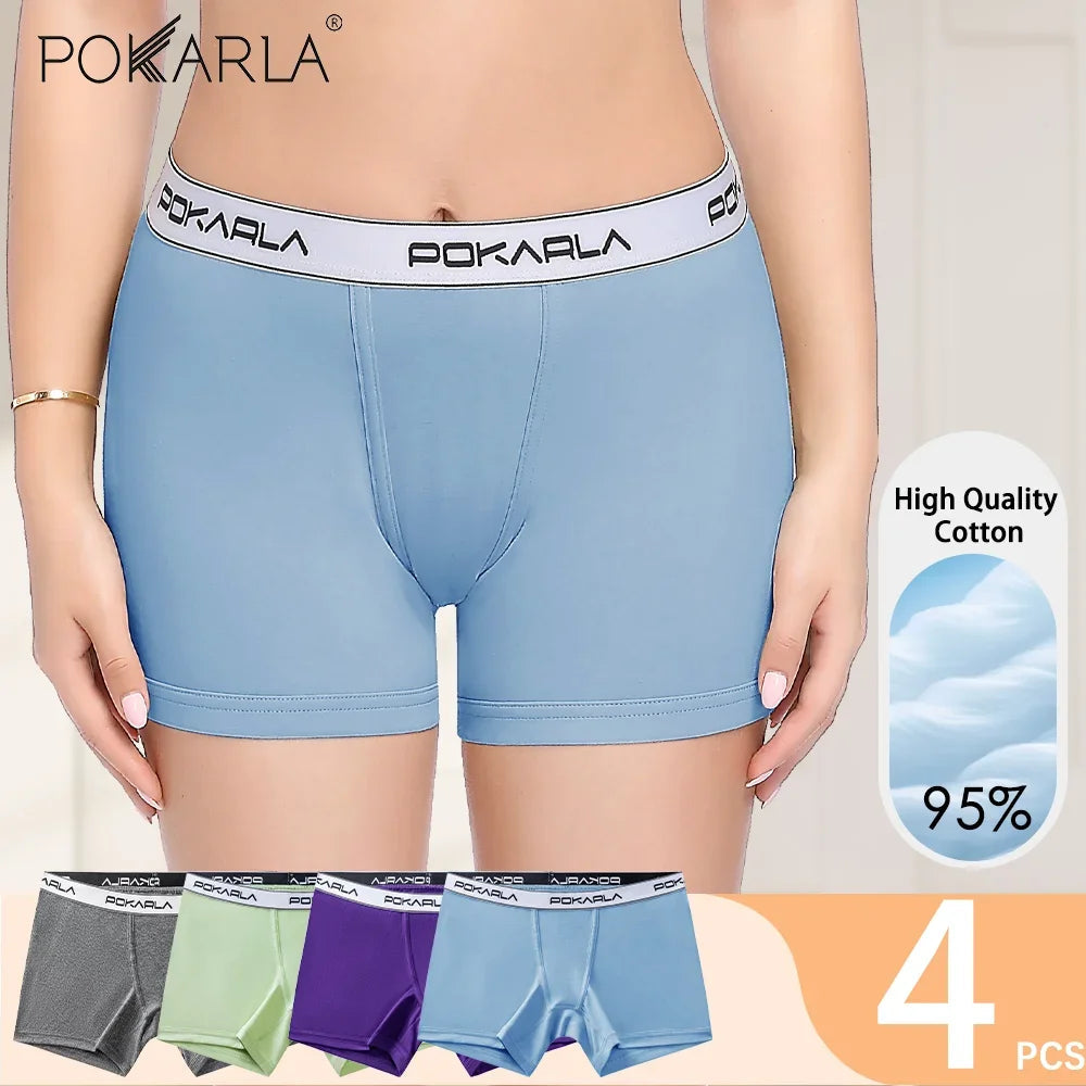 POKARLA 4PCS Women’s Cotton Boxer Underwear Ladies Soft Safety Panties Female Breathable Inseam Briefs Set Boy Shorts Plus Size Lootquake LLC