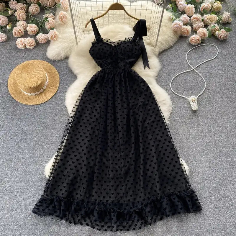 SINGREINY High Quality A Line Mesh Long Dress Spaghetti Strap Sleeveless Sheath Sundress 2023 Women Fashion Dot Print Maxi Dress