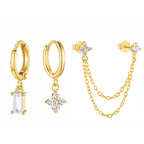 3PCS New Fashion Four Zircon Flower Hoop Earring Set For Women Stainless Steel Double Stud Chain Tassel Huggie Piercing Jewelry Lootquake LLC
