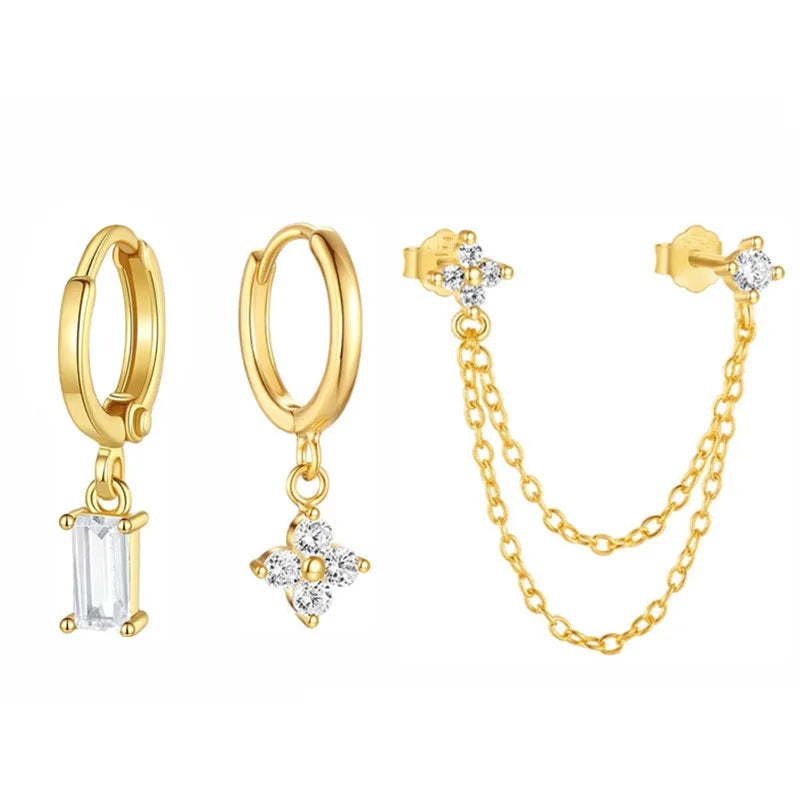 3PCS New Fashion Four Zircon Flower Hoop Earring Set For Women Stainless Steel Double Stud Chain Tassel Huggie Piercing Jewelry Lootquake LLC