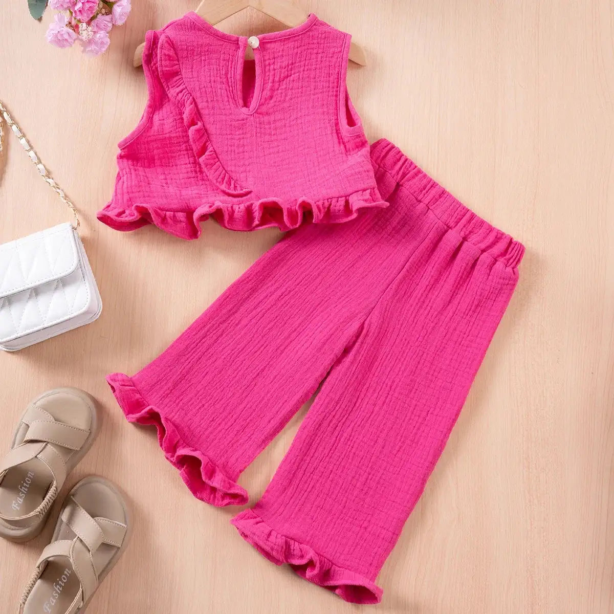 Summer Kids Cotton Casual 2pcs Toddler Girls Solid Color Sleeveless Top + Ruffle Pants Set Comfortable Fashion Hot Sale