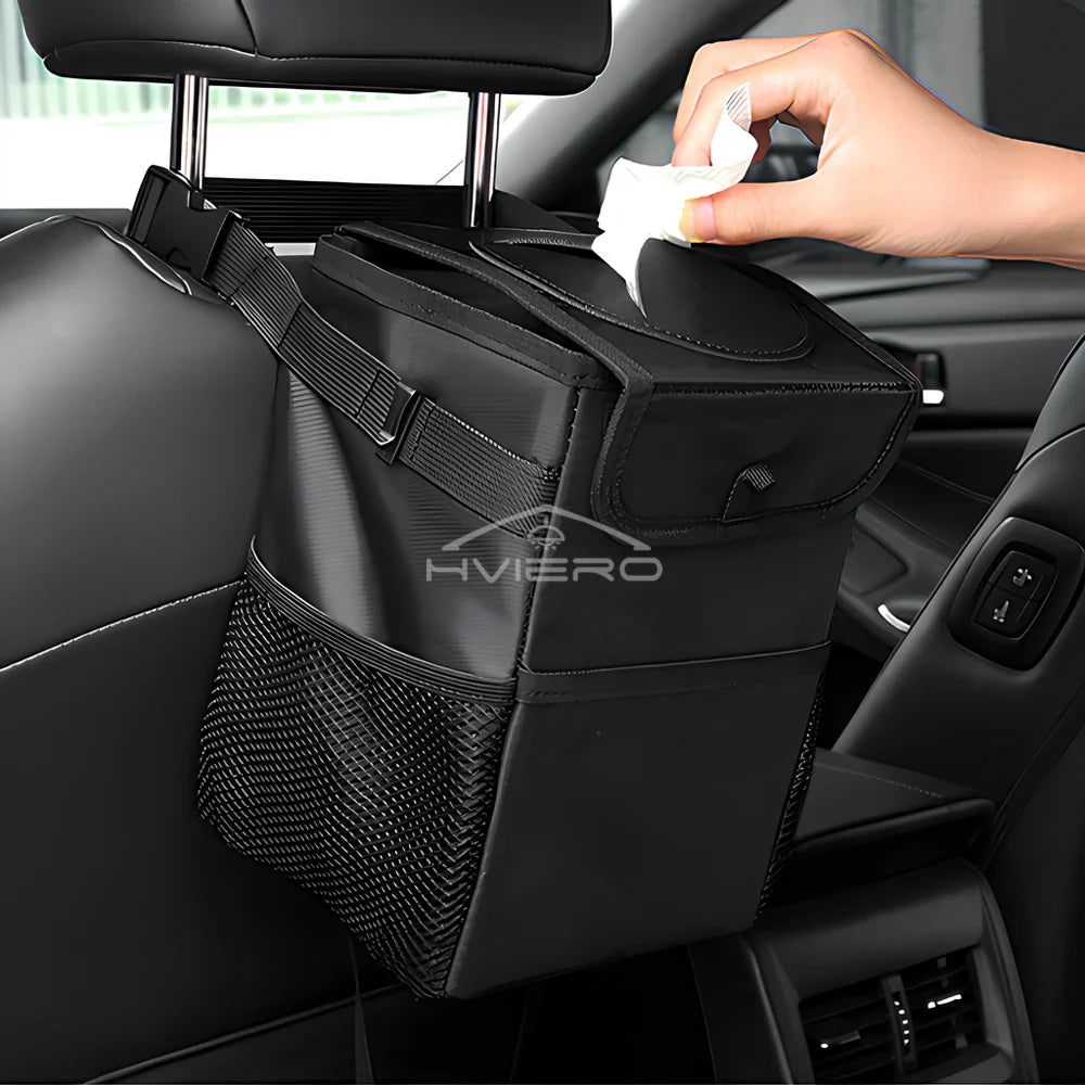 Trash Can with Lid and Storage Pockets 100% Leak Proof Organizer Waterproof Garbage Multipurpose Bin Black Load Dustbin for Car Lootquake LLC