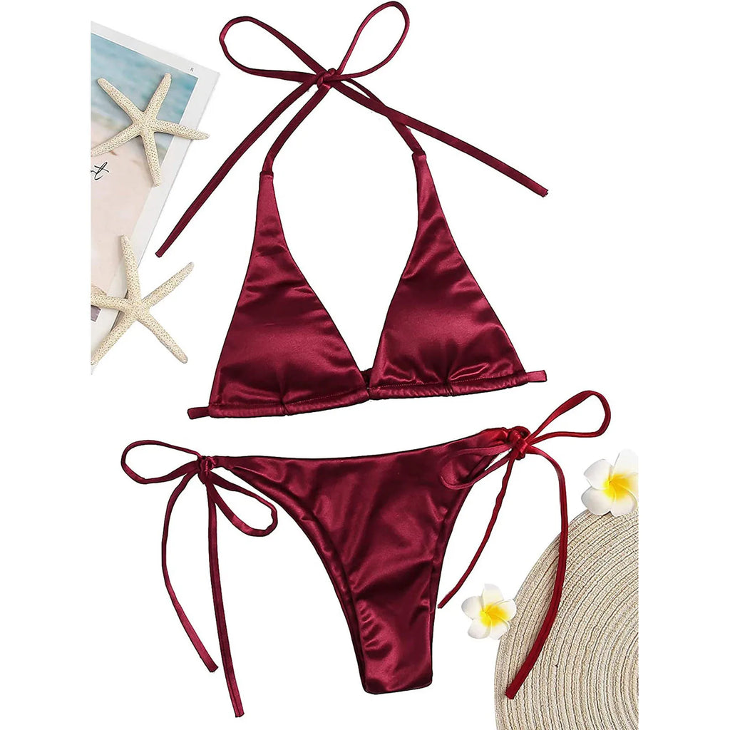 ShimmerWave: Luxe Satin Brazilian Bikini Set THRIXINE