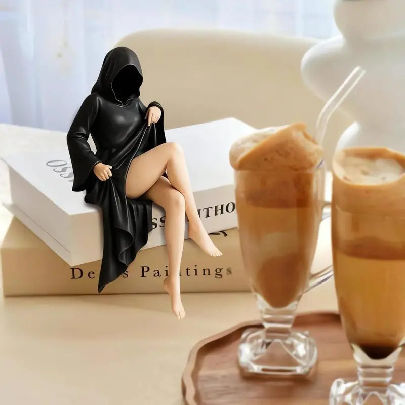 Gothic Statue Sitting Women Resin Ornaments Mysterious Bookshelf Sculptures Ghost Black Horror Robe Desktop Home Room Decor