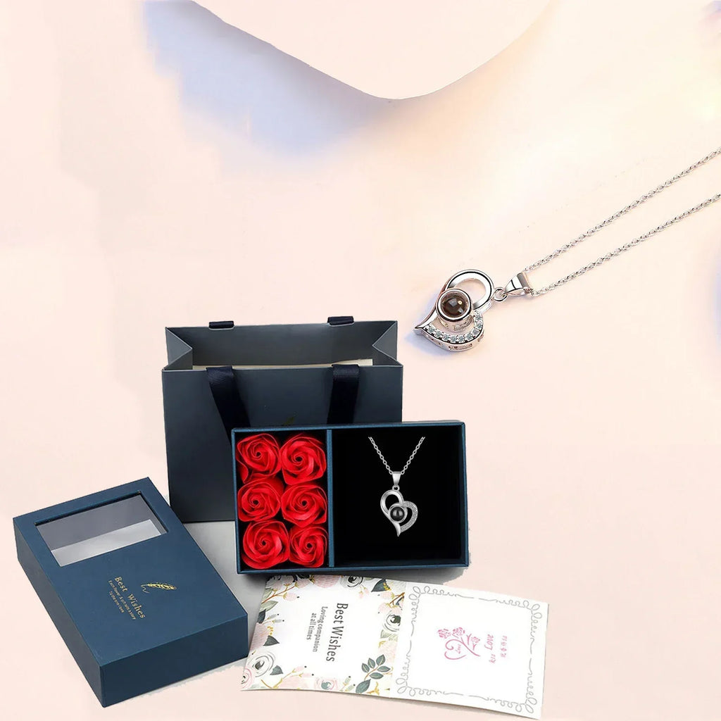 NNEOBA Multilingual 'I Love You' Necklace with 6 Roses in Luxury Gift Box - Silver (45cm) Lootquake LLC