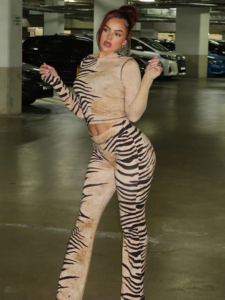 Weird Puss Tiger Print Hooded Crop Top Set
