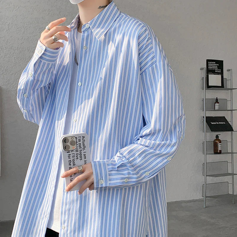 Blue Striped Shirt Men Fashion Society Mens Dress Shirt Korean Loose Long Sleeved Shirt Mens Casual Shirts Large Size 5XL Lootquake LLC