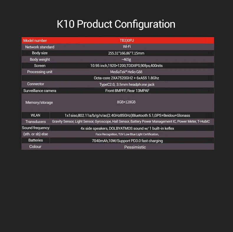 Lenovo Tab K10 M11 TB330FU 6/8+128GB Zhaoyang Tablets K10 MediaTek Helio G88 Global Rom Support OTA 10.95-inch Screen GPS WIFI Lootquake LLC