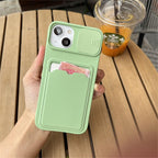 Lightweight Slide Camera Protection Card Holder Wallet Phone Case For iPhone 13 14 Pro Max 12 11 Soft Silicone Cover Soft Skin Silicone Cover Yellow Card Holder Sliding Camera Protection Cover For iPhone Stevvex