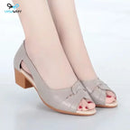 Black Peep Toe Mid Heel Sandals Women's Pumps Square Heel Soft Sole Leather Work Shoes Simple Casual Summer Hollow Out Lootquake LLC