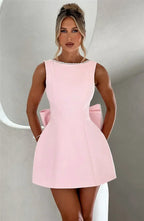 Mozision Pearl Bow Backless Sexy Mini Dress For Women Robe Fashion Zipper Sleeveless High Waist A-line Club Party Dress Elegant