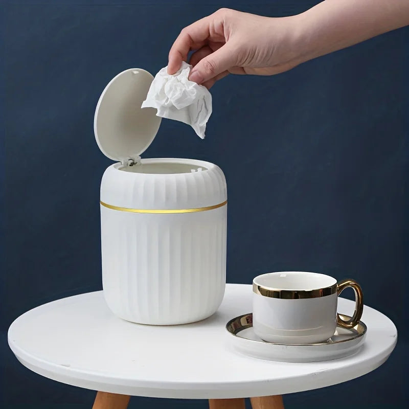 Elegant ultra large capacity mini trash bin with lid, stylish white and gold desktop trash bin suitable for home,office, bedroom Lootquake LLC