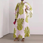 Ethnic Retro Spring Print Boho Long Dress Women Sexy Stand Collar Lace-up Party Dress Fall Long Sleeve Loose Ladies Maxi Dresses