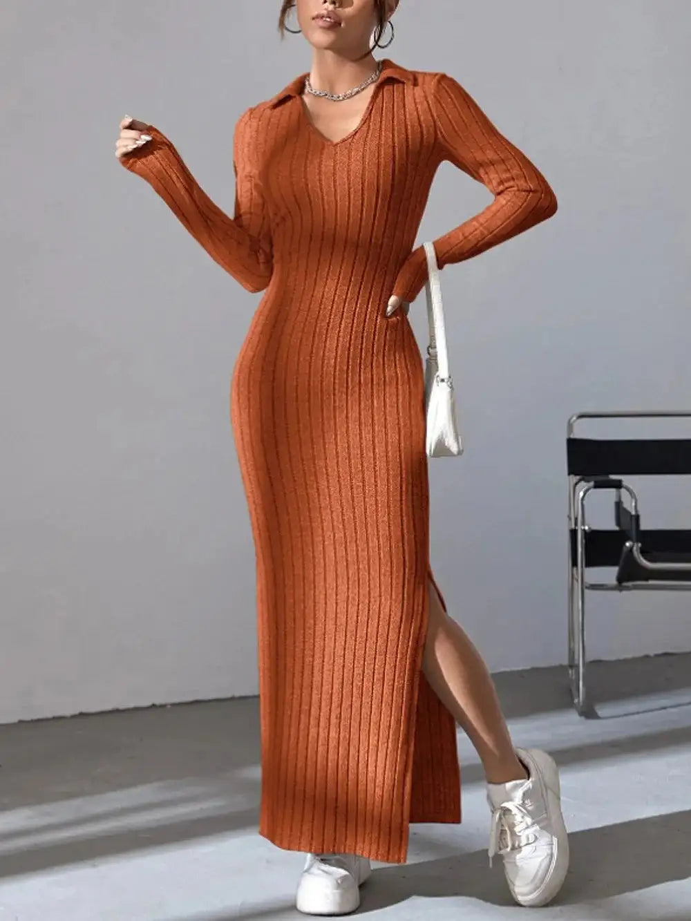 2024 Spring/Summer Knitted Dress Slim Fit Fashion Casual Women's Lapel Long sleeved Dress Concave Stripe Solid Color Long Dress