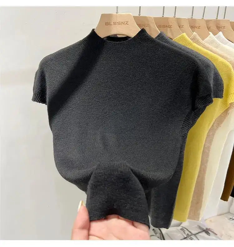 Half High Collar T-shirts Flying Sleeve Design Slim Knitted Sleeveless Top Women Simple Comfortable White T-shirts Summer 2025