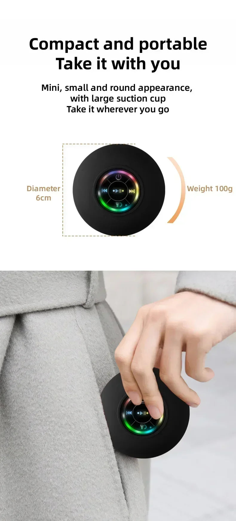 Mini Bluetooth Speaker w/ LED Lights & Super Suction |   IPX4 Waterproof for Bathroom/Outdoor |   Portable Wall Adsorbable Sound Lootquake LLC