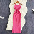 2024 Sexy Summer Knit Strap Dress Women Halter Elatic Waist Bodycon Sundress Female Beach Solid Maxi Long Dress