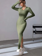 2024 Spring/Summer Knitted Dress Slim Fit Fashion Casual Women's Lapel Long sleeved Dress Concave Stripe Solid Color Long Dress
