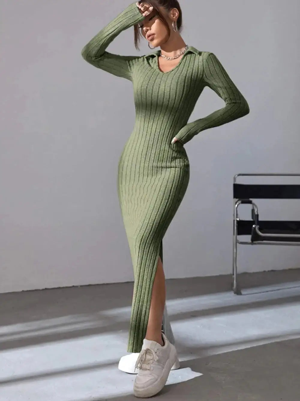 2024 Spring/Summer Knitted Dress Slim Fit Fashion Casual Women's Lapel Long sleeved Dress Concave Stripe Solid Color Long Dress