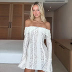 Oligai Lace Slim Mini Dress for Women Off The Shoulder Sexy Long Sleeves Club Party Dresses Bodycon Elegant Autumn Dress