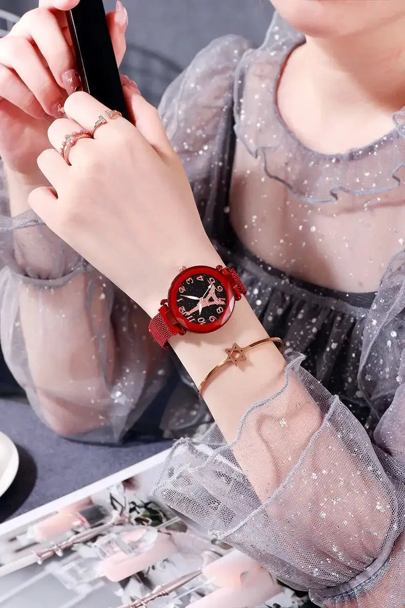 Luxury Mesh Steel Belt Quartz Wristwatches Eiffel Tower Watch for Women Simple Ladies Dress Party Watch Relógio Feminino Gifts