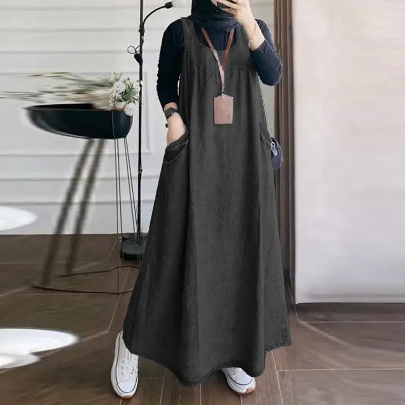 Summer Muslim Long Dress Abaya ZANZEA Women Vintage Sleeveless Denim Blue Maxi Vestidos Dubai Robe Casual Loose Ramadan Sundress