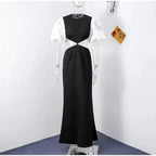 Elegant Puff Sleeve Long Dress For Women 2025 Sexy Hollow Out Waist Evening Party Dresses Female Vacation Lady Chic Beach Robe
