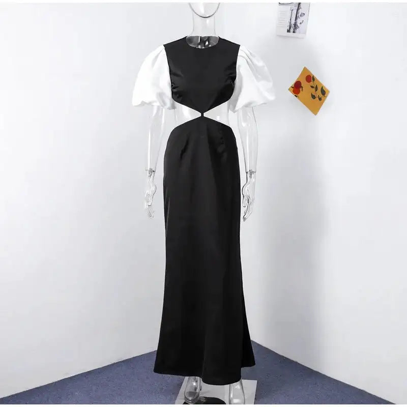 Elegant Puff Sleeve Long Dress For Women 2025 Sexy Hollow Out Waist Evening Party Dresses Female Vacation Lady Chic Beach Robe