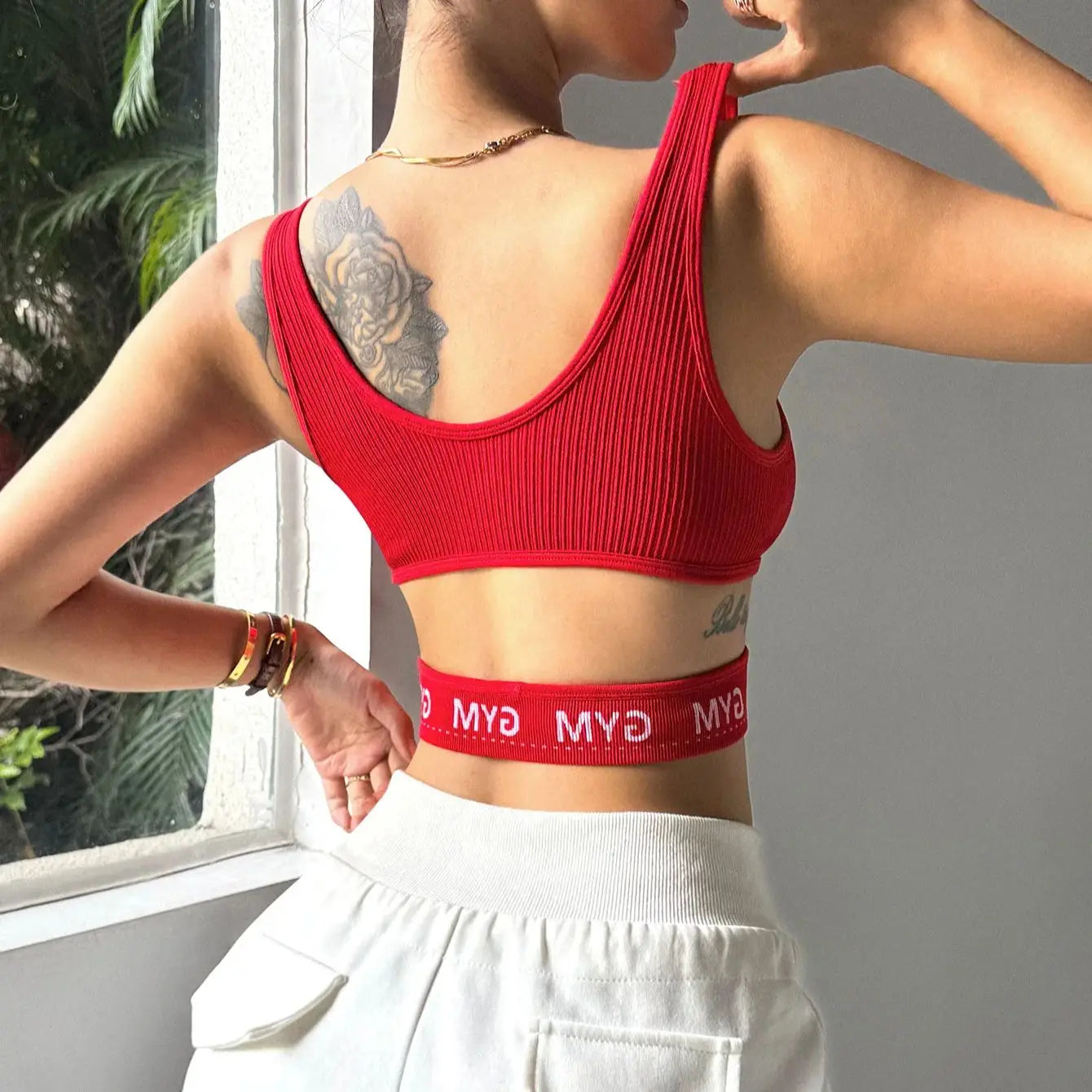 Red Ribbed U-Neck Sports Bra for Women THRIXINE