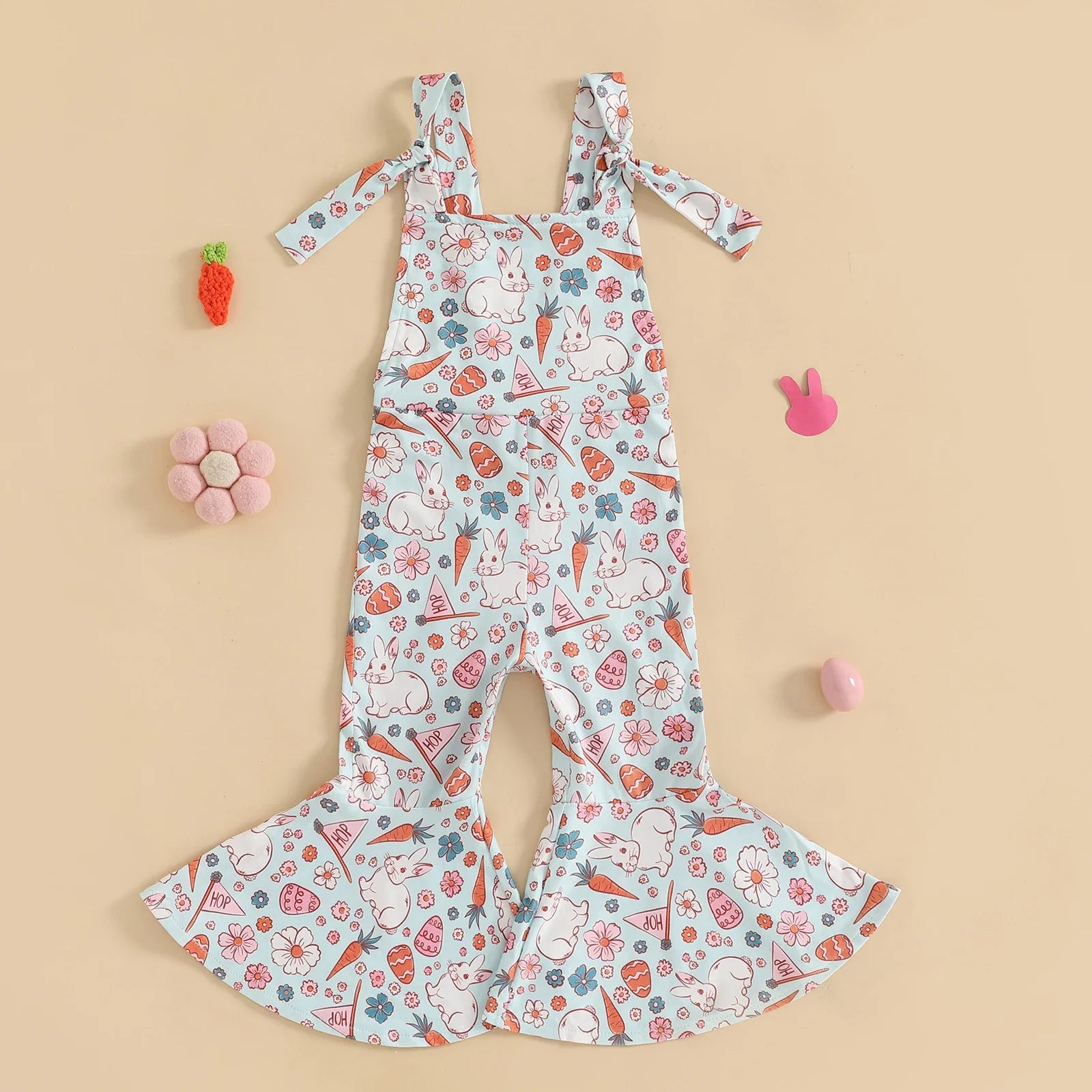 FOCUSNORM 0-4Y Lovely Little Girls Easter Rompers Pants 3 Style Sleeveless Floral Rabbit Print Jumpsuit Suspender Pants