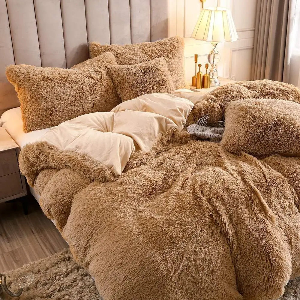 Camel King Size Faux Fur Velvet Plush Duvet Cover Set with Pillowcases, Ultra Soft & Warm Pi-Mart