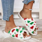 Christmas Tree Pattern Furry Bedroom Slippers