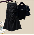 Spring/Summer Set Women's New Korean Edition Sweet and Spicy Bubble Sleeve Spliced Top Age Reducing Half Skirt Two Piece Set
