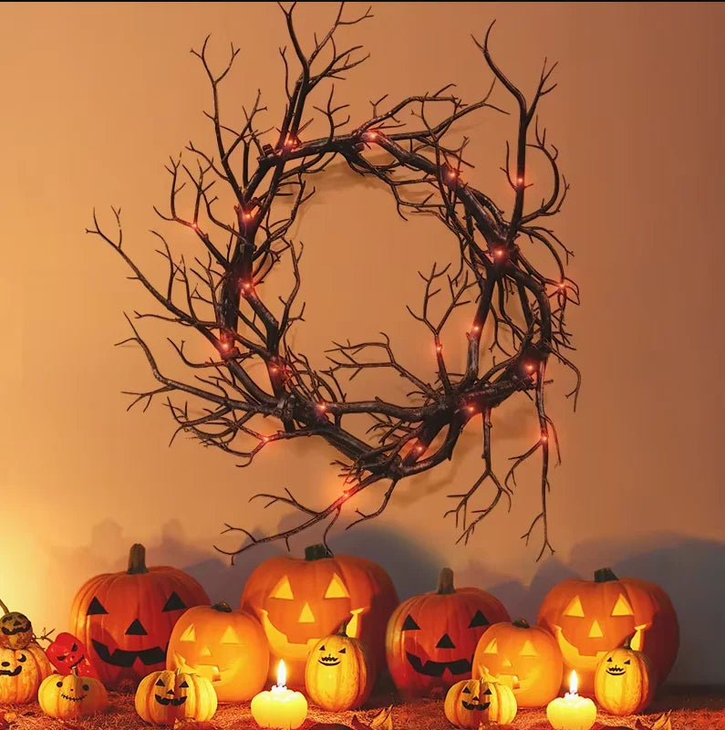 Halloween Wreath Black Branch Garland with LED Light Horror Party Haunted Festival Branch Wreath Hanging Room Halloween Decor Lootquake LLC