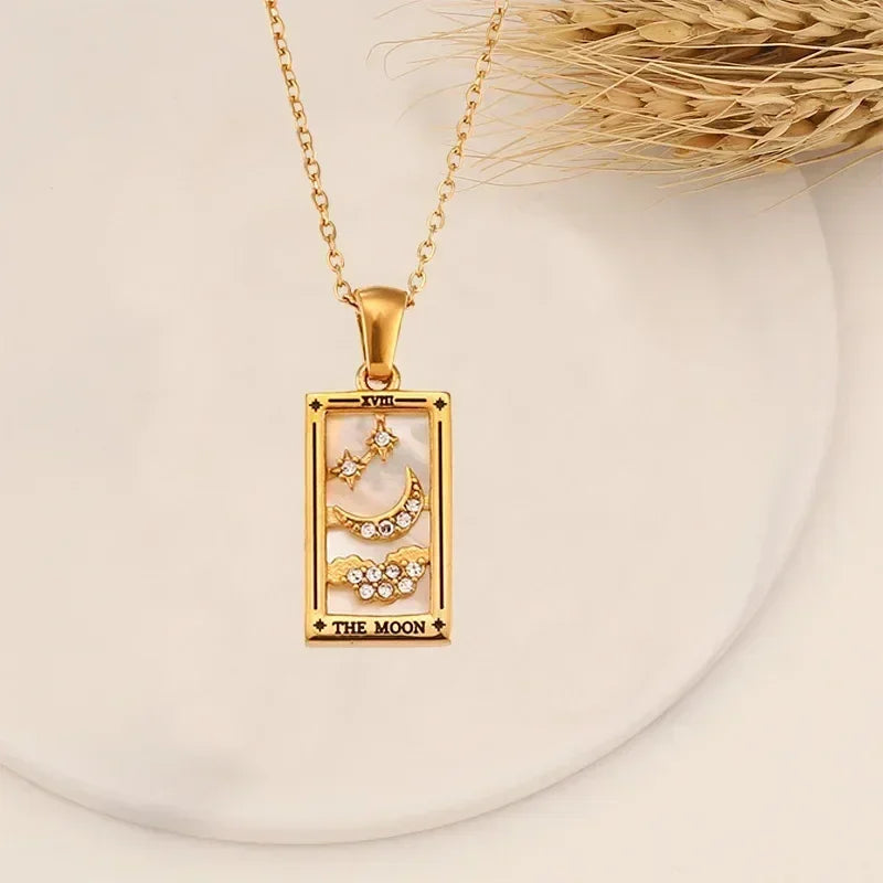 YILUOCD Original Zirconia Tarot Card Necklace Classic Tarot Queen Lover Magician Moon Wealth Amulet Stainless Steel Jewelry